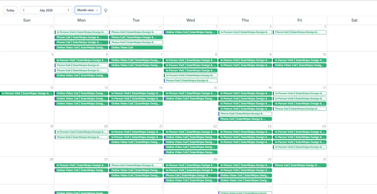 Solar Ninjas calendar packed with In Person Visits, Phone Calls, and Online Video Calls