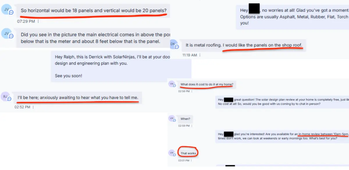Solar Ninjas nurture thread: homeowner question, natural reply, booked appointment, pipeline stage