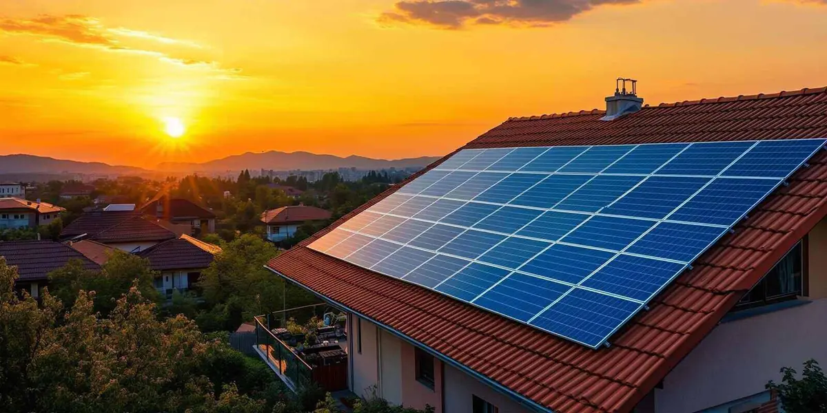 Rooftop solar array on a residential home at sunset